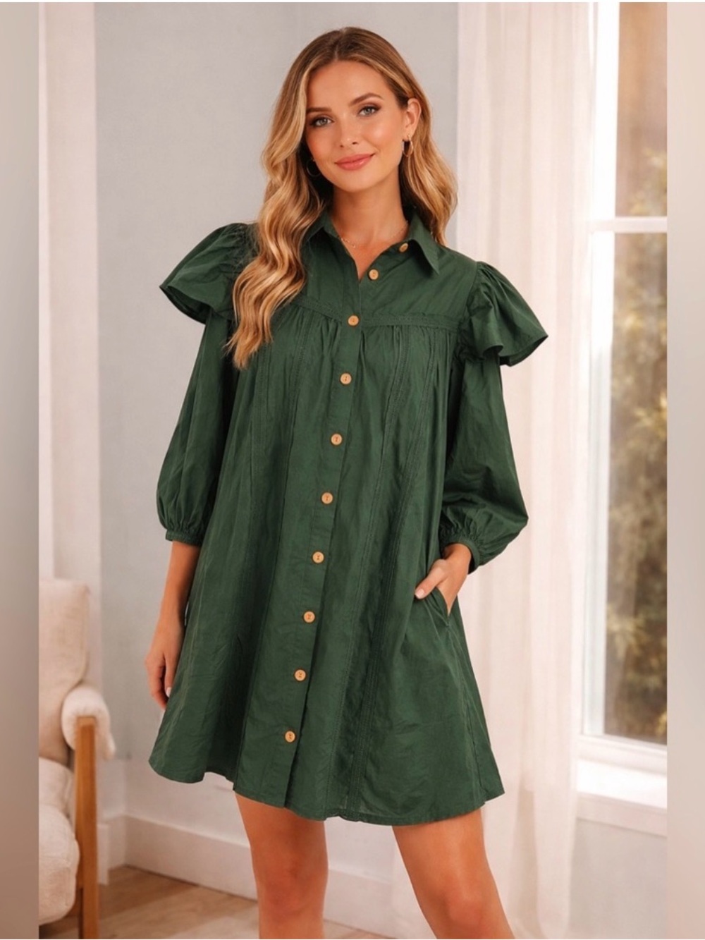 Anthropology Rio Farm X Emerald Green Shift Mini Dress Wood Button Ruffle Sleeve